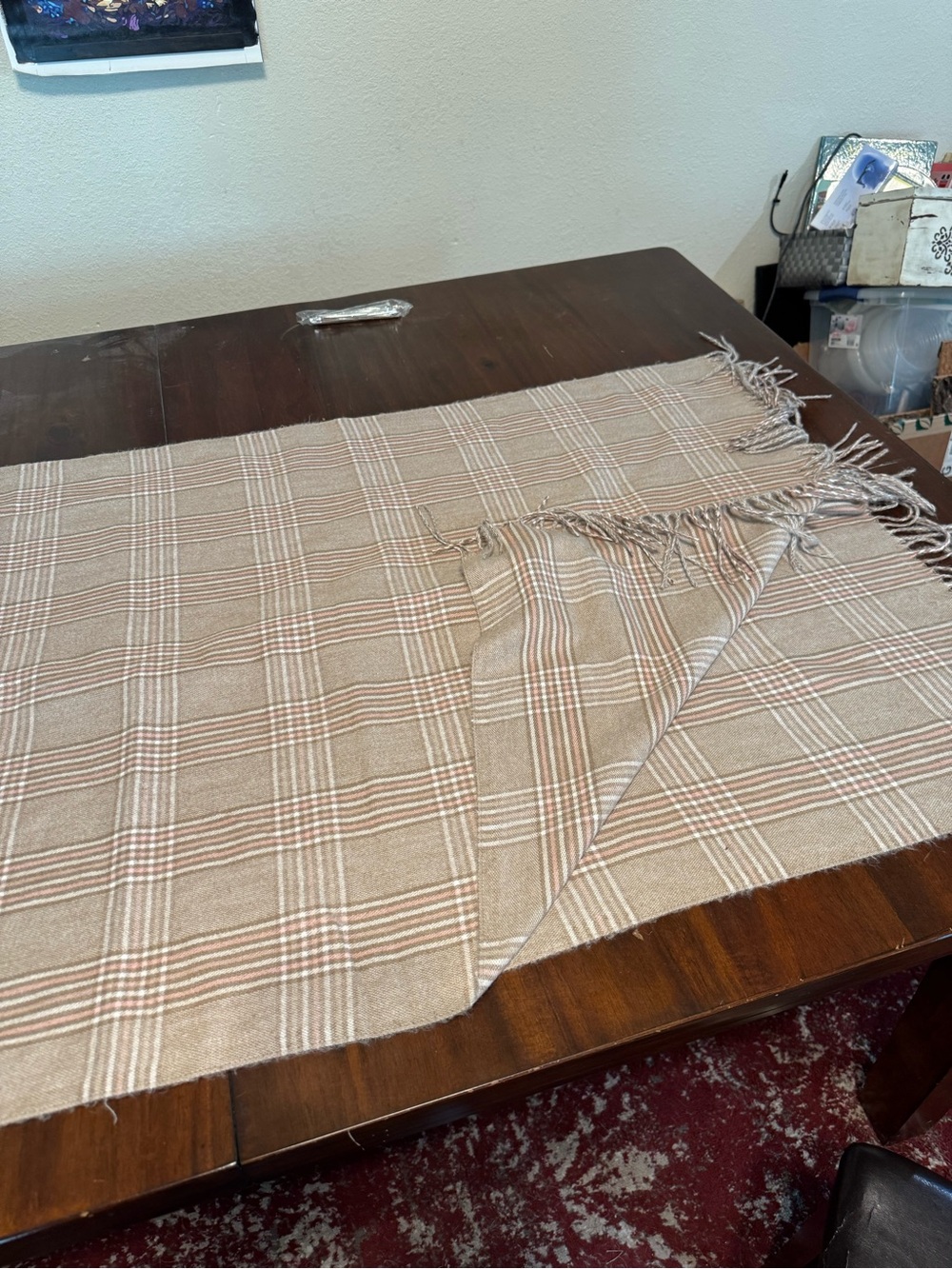 Soft Beige Plaid Scarf with Fringe
